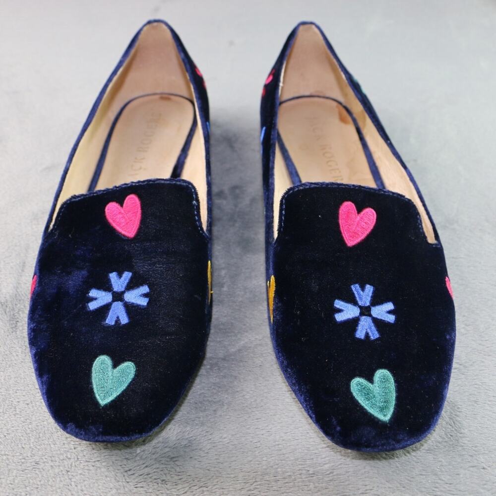 Jack Rogers Kennedy Velvet Loafers Womens Size 10 Embroidered Hearts Slip On